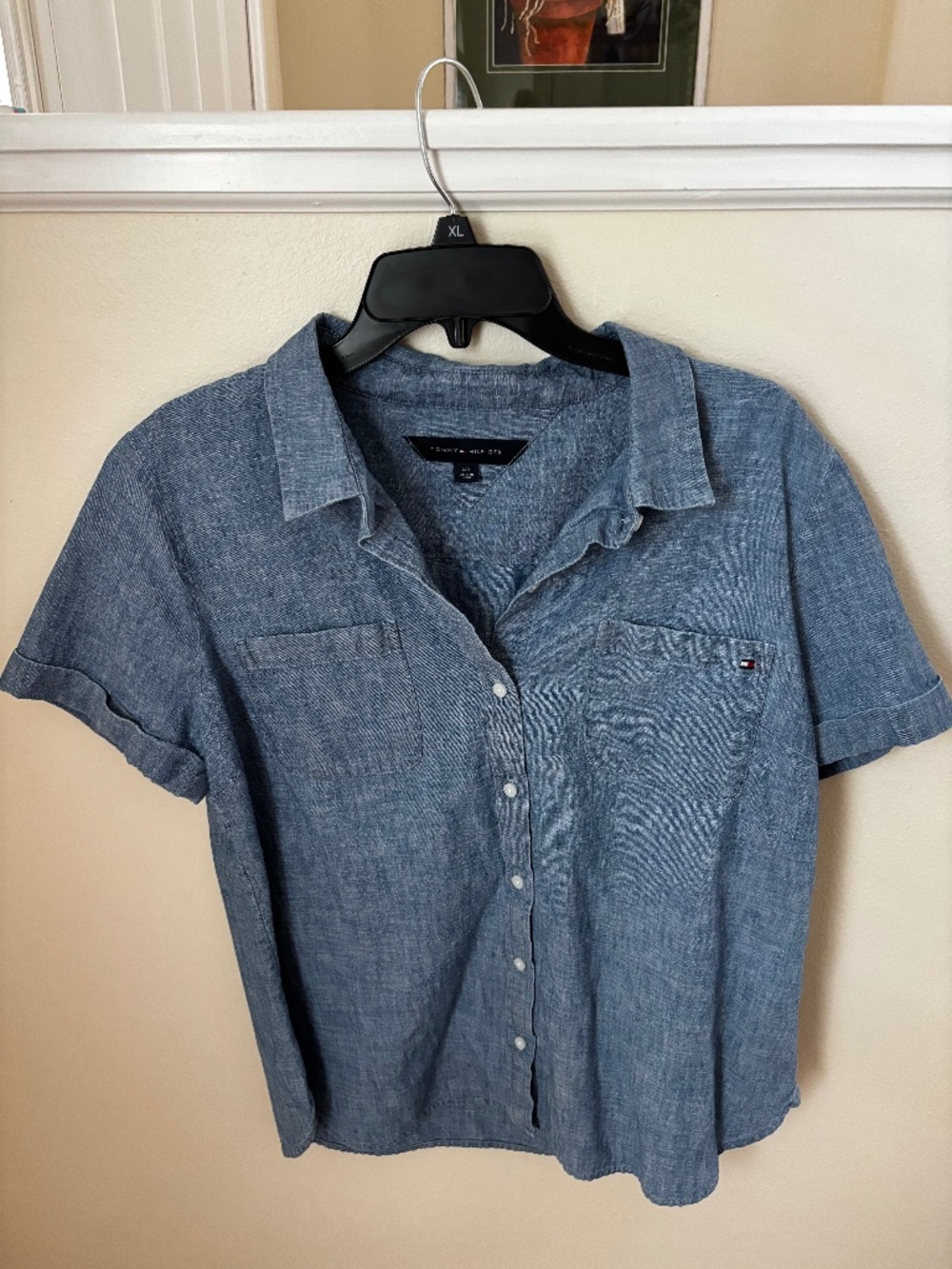 Tommy Hilfiger Button Down Shirt Womens L Blue Excellent Chambray Short Sleeve